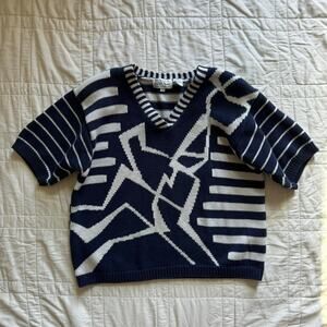 vintage Striped nautical sweater navy white short sleeve knit sz PS euro preppy